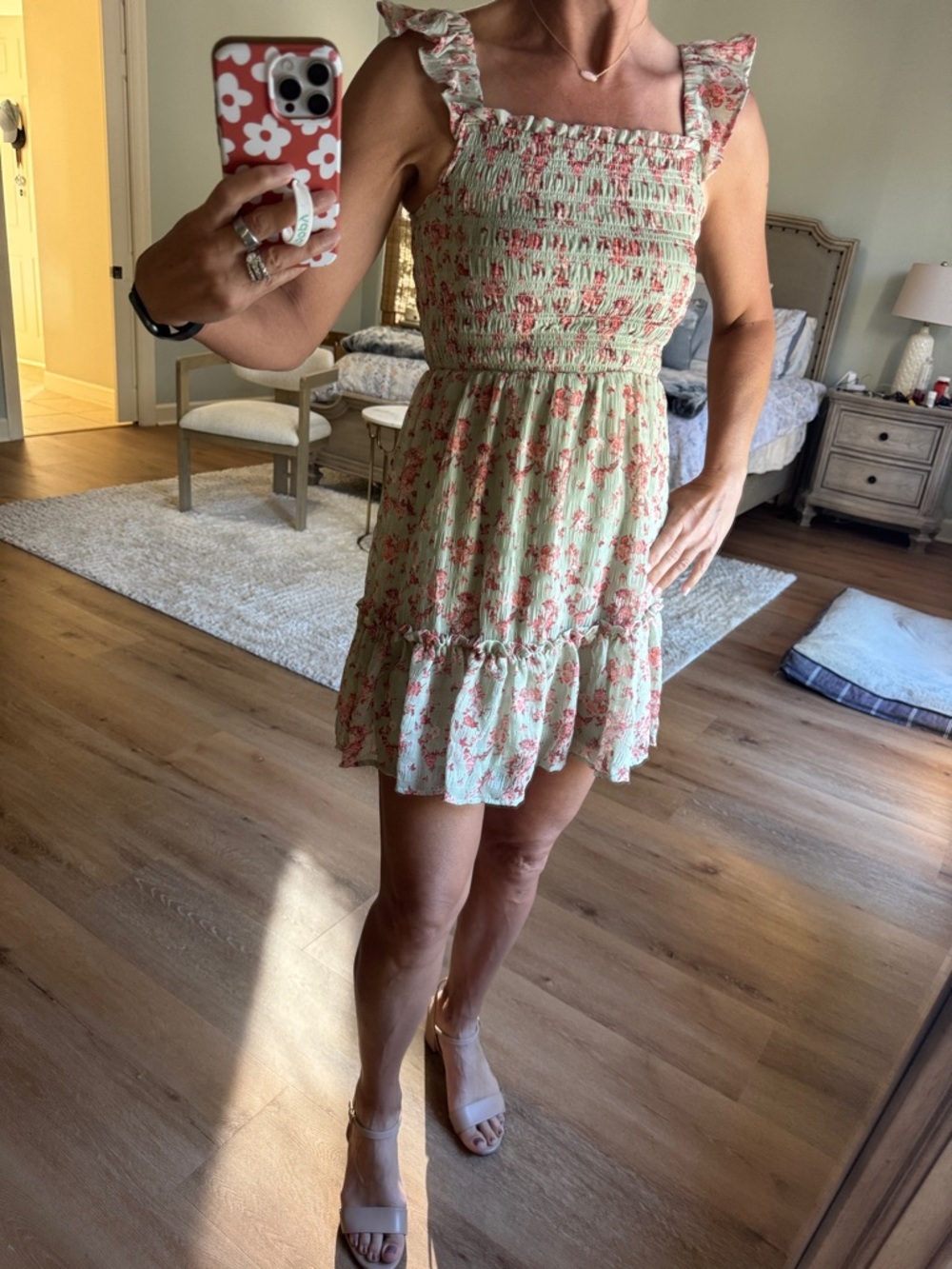 NWT Rewind smock sleeveless pink & green floral ruffle dress from Kohls. Size S